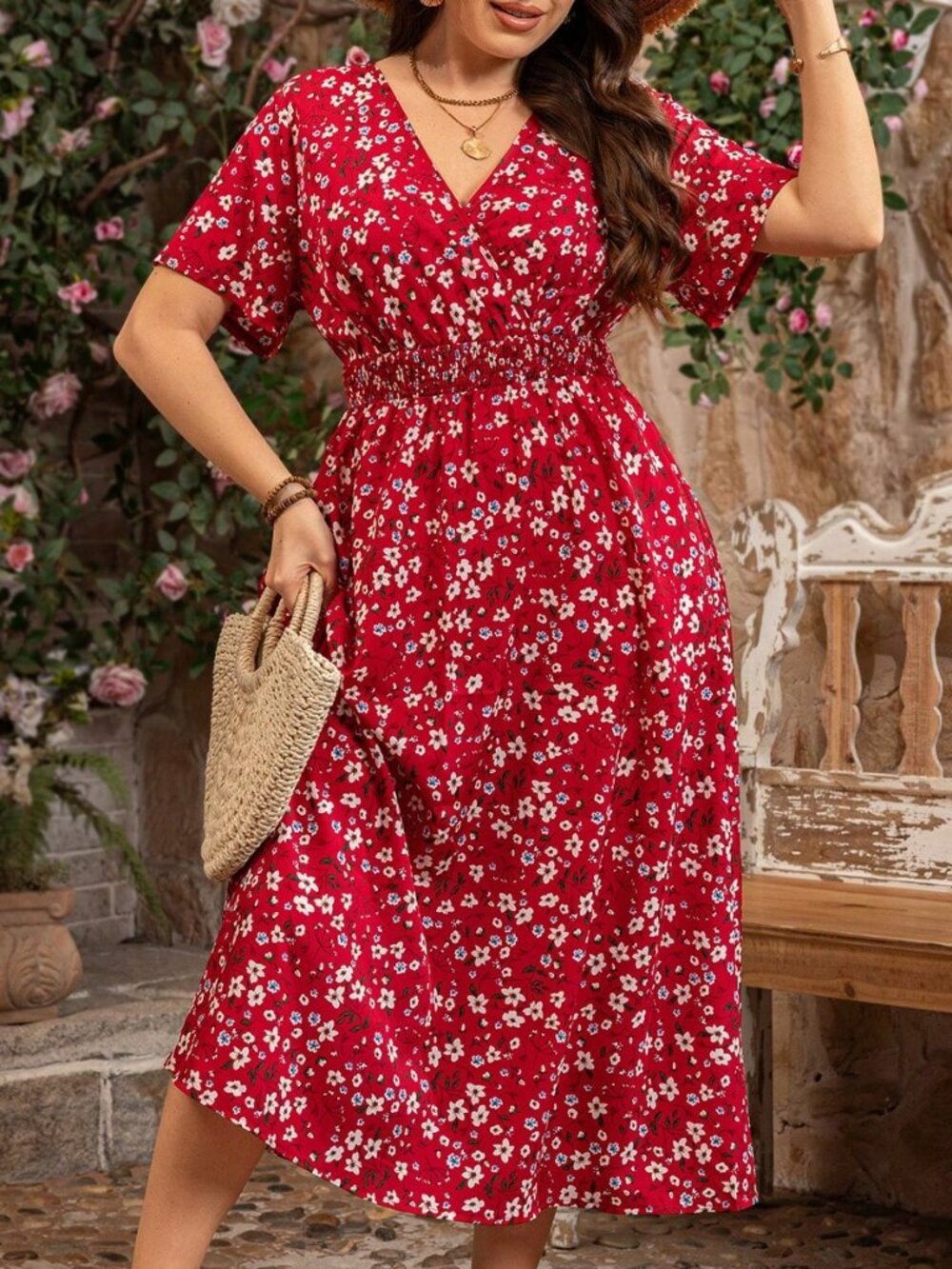 Red Boho Women's Plus Size V-Neck Cinched Waist Floral Short Sleeve Dress